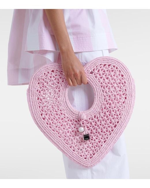 Jacquemus Pink Spiaggia Coeur Small Raffia Top-Handle Bag