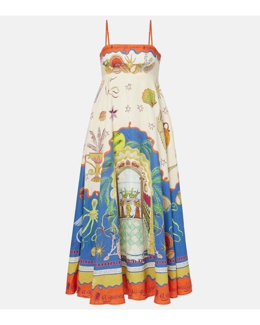 ALÉMAIS Blue Maxikleid Surrealist Aus Leinen