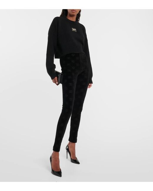Dolce & Gabbana Black Logo High-rise Cotton Velvet leggings