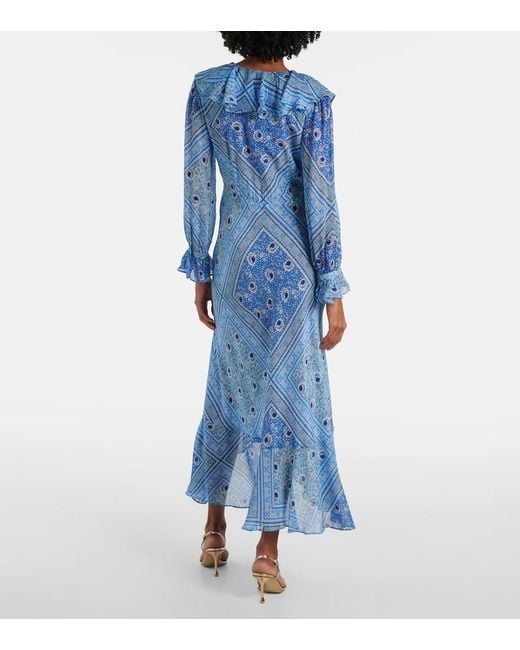 Rixo Blue Gracye Ruffled Silk Maxi Dress