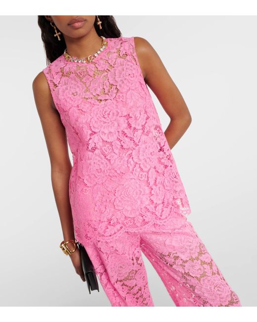 Dolce & Gabbana Pink Floral Crepe De Chine Lace Top