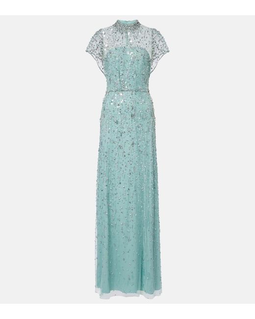 Jenny Packham Blue Crystal Drop Embellished Gown