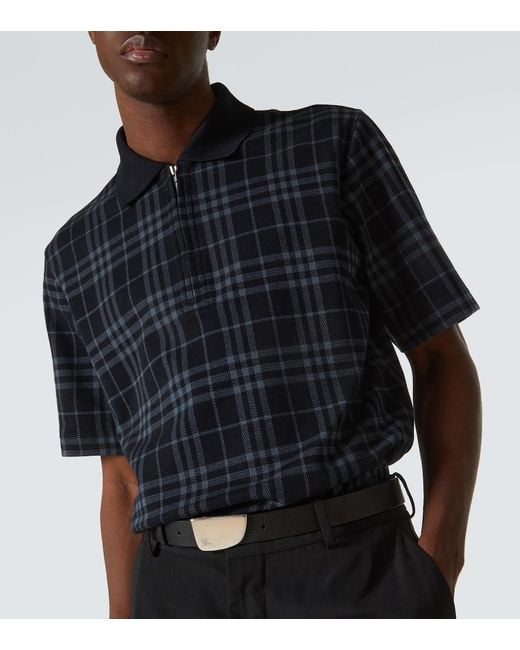 Burberry Blue Check Zip-Up Polo Shirt for men