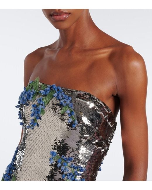 Monique Lhuillier Metallic Floral-Applique Sequined Bustier Gown
