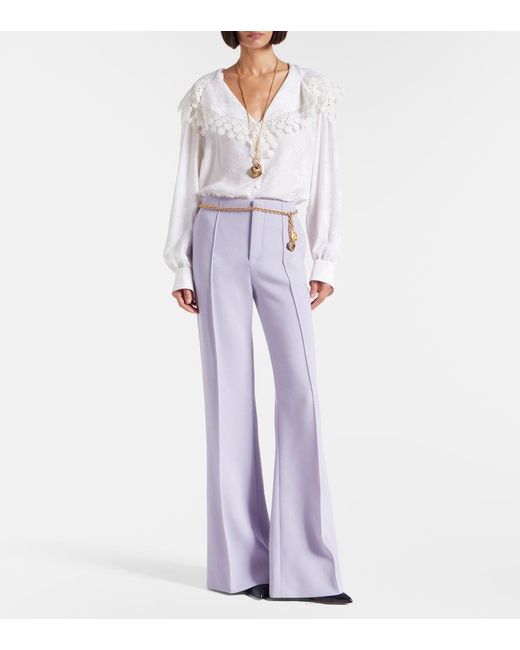Chloé White Lace-Trimmed Floral Jacquard Silk Blouse