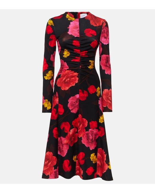 Erdem Red Floral-Print Long-Sleeved Midi Dress