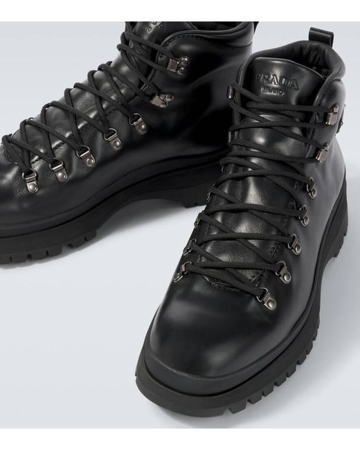 Prada Black Brixxen Leather Lace-Up Boots for men