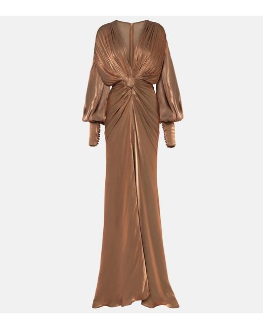Costarellos Brown Adelia Gathered Lame Georgette Gown