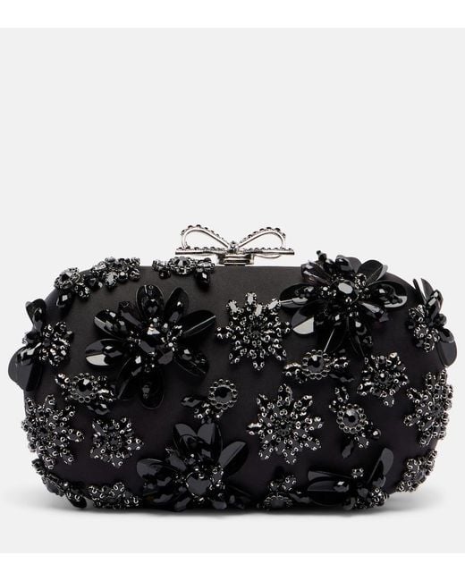 Self-Portrait Black Crystal-Embellished Floral Satin Clutch