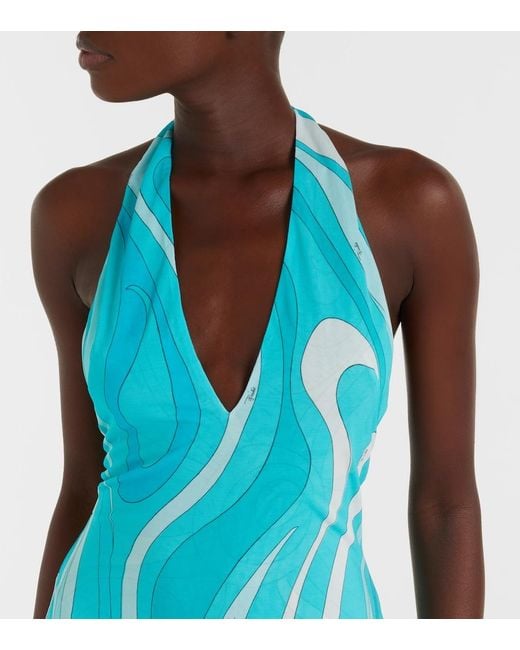 Emilio Pucci Blue Printed Silk Twill-Trimmed Crepe-Jersey Halterneck Midi Dress