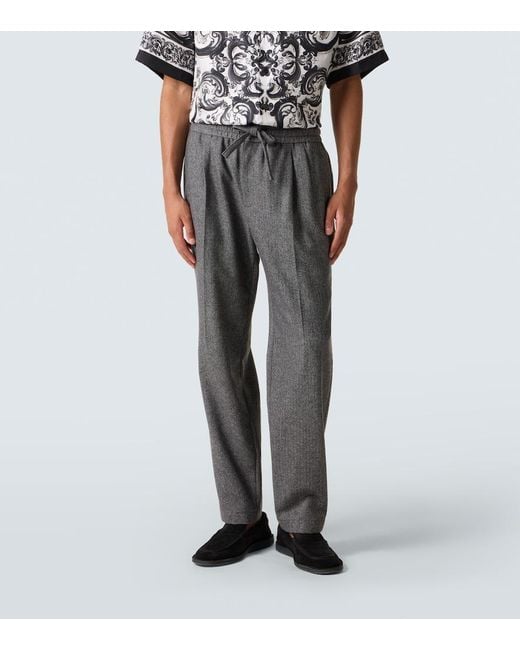 Dolce & Gabbana Gray Herringbone Wool-Blend Wide-Leg Pants for men