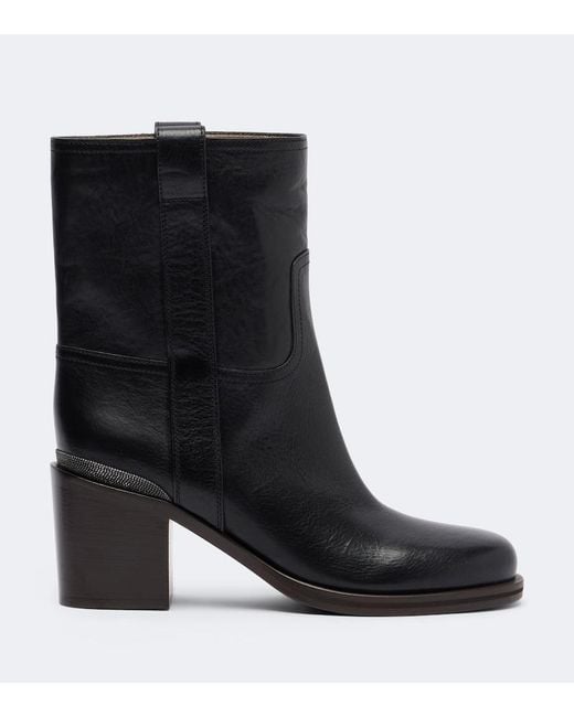 Brunello Cucinelli Black Monili Leather Ankle Boots