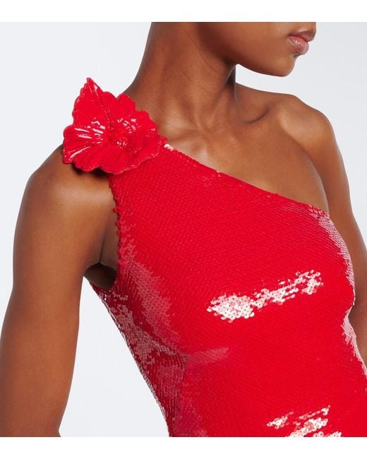 David Koma Red Sequined One-Shoulder Gown