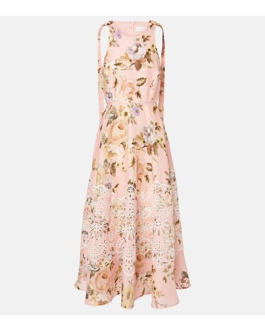 Vestido Midi Acacia De Lino Con Bordado Ingles Zimmermann de color Pink