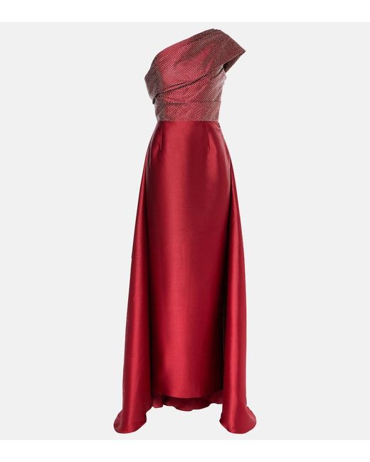 Solace London Red Alba Embellished Draped Satin Gown
