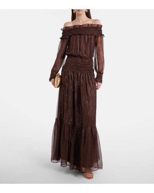 Self-Portrait Brown Shirred Silk-Blend Georgette Maxi Dress