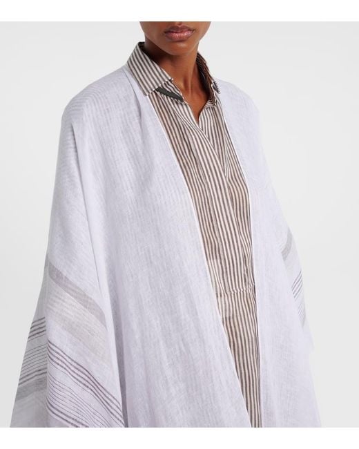 Brunello Cucinelli White Fringed Linen Poncho