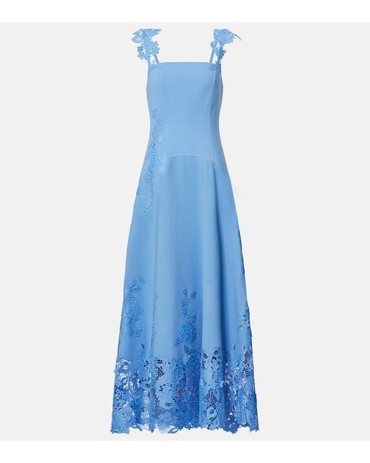 Oscar de la Renta Blue Porcelain Wool-Blend Guipure Midi Dress