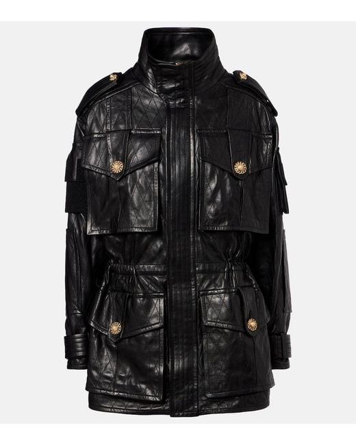 Balmain Women's Black Leather Parka Jacket