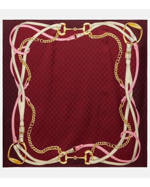Gucci Red Printed Gg Silk Jacquard Carré