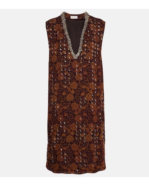 Dries Van Noten Brown Floral Embellished Georgette Midi Dress