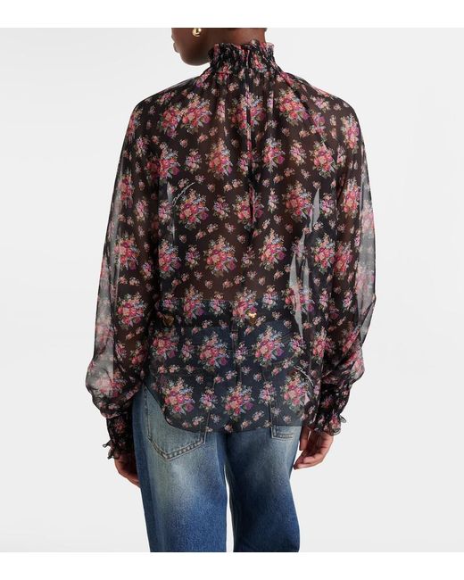 Dolce & Gabbana Purple Floral Ruffled Sheer Silk Blouse