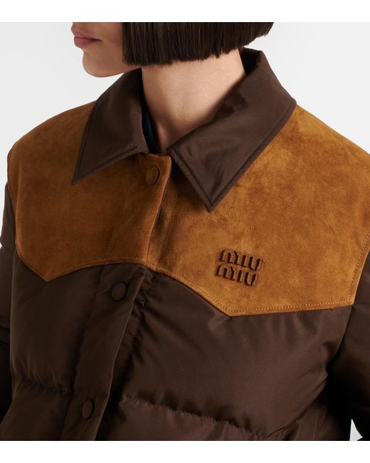 Miu Miu Brown Suede-Trimmed Ponge Down Jacket