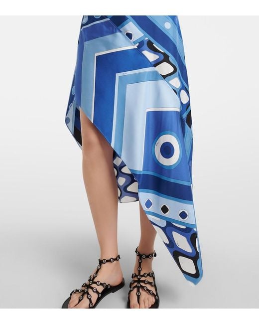 Emilio Pucci Blue Vivara Asymmetric Silk Satin Midi Dress