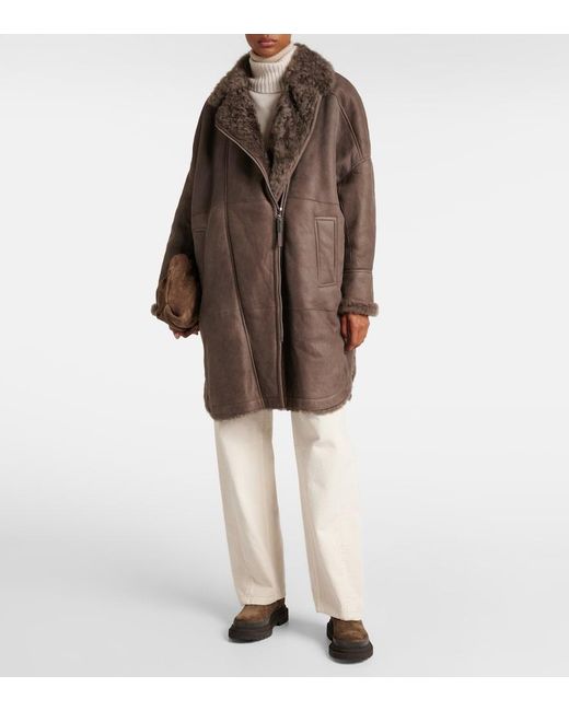 Brunello Cucinelli Brown Shearling-Lined Leather Coat