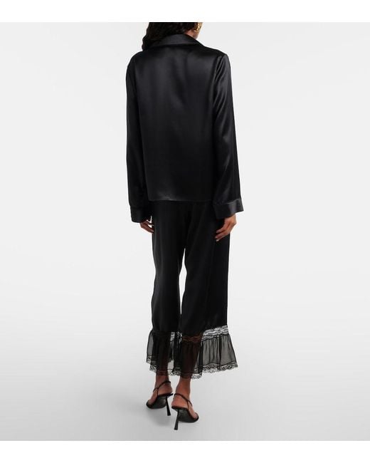 Saint Laurent Black Lace-Trimmed Silk Satin Wide-Leg Pants
