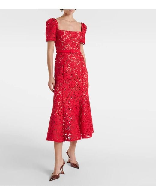 Self-Portrait Red Floral Lace Midi Dress