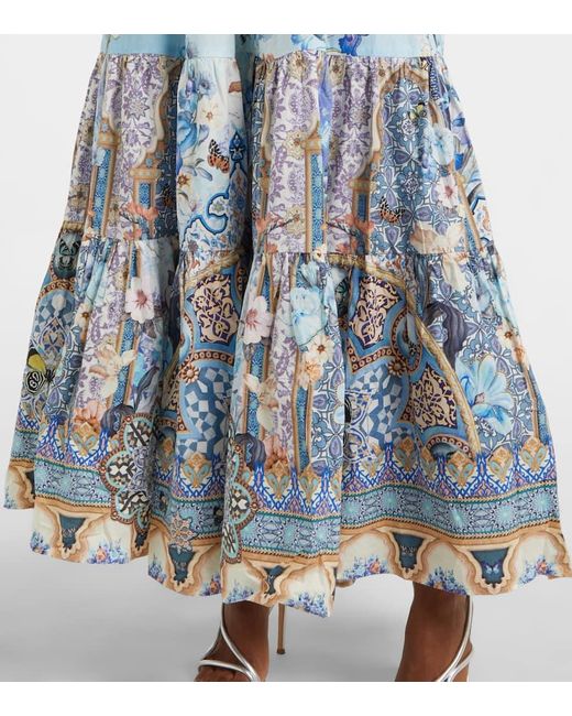 Vestido Largo De Algodon Floral Con Volantes Camilla de color Blue