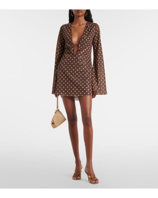 Oseree Brown Lumiere Polka-Dot Minidress