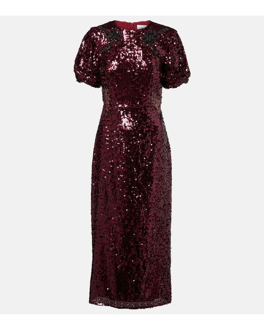 Erdem Red Embellished Sequined Georgette Midi Dress