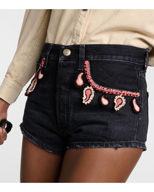 Alanui Black Embroidered Denim Shorts