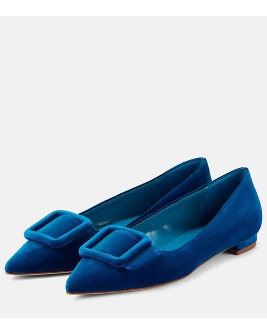 Manolo Blahnik Blue Maysale Velvet Ballet Flats