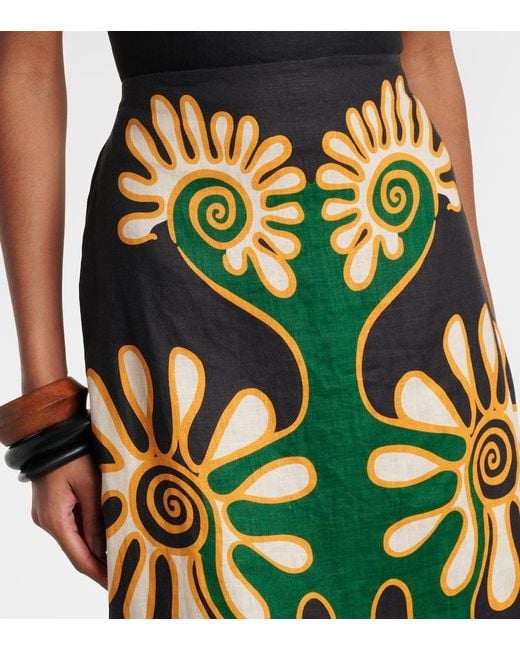 Cala De La Cruz Green Celina Printed Linen Midi Skirt