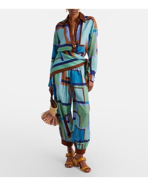 Zimmermann Blue Como Printed Silk Satin Shirt