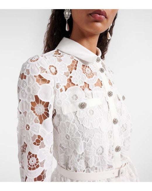 Self-Portrait White Belted Guipure Lace Shirt Dress