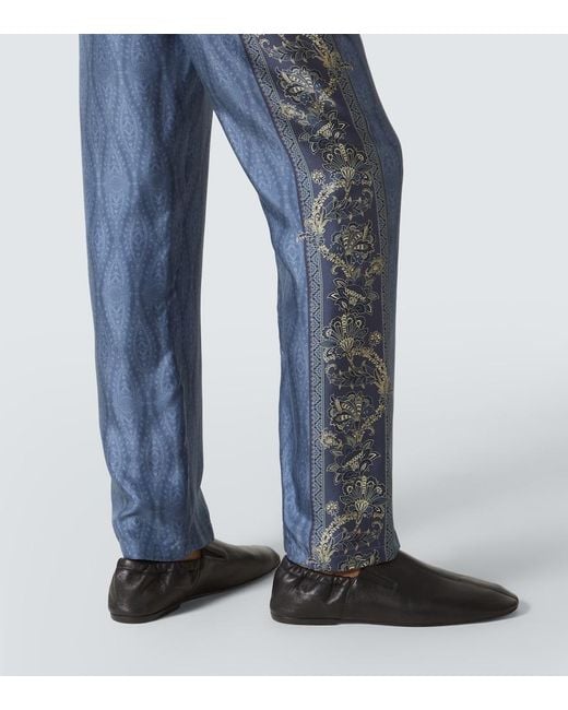 Etro Blue Slim-Fit Straight-Leg Printed Silk-Twill Trousers for men