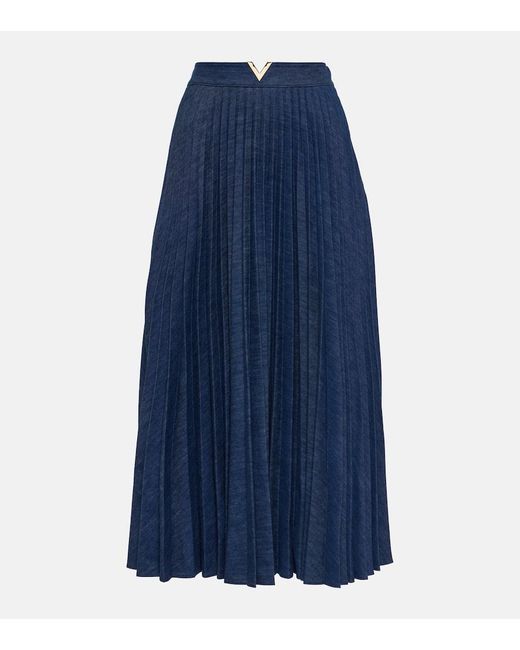 Falda midi plisada de chambray con VGold Valentino de color Blue