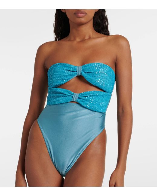 Adriana Degreas Blue Sequined Cutout Strapless Swimsuit