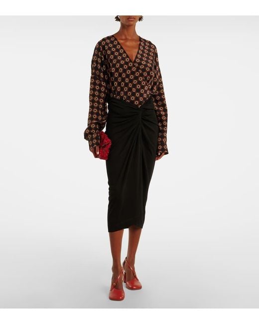 Dries Van Noten Black Draped Printed Silk Top