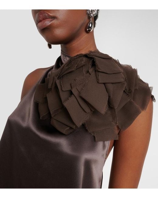 Magda Butrym Brown Floral-Applique Lace-Trimmed Silk Satin Top