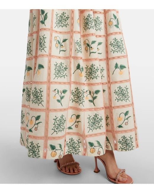 Agua Bendita Metallic Tangelo Floral Cotton Maxi Skirt