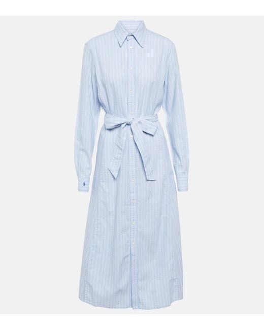 Robe-chemise Midi En Lin Et Coton Mélangés À Rayures Et À Ceinture Polo Ralph Lauren en coloris Blue