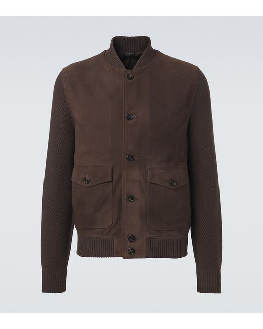 Slowear Brown Cotton-Trimmed Suede Bomber Jacket for men