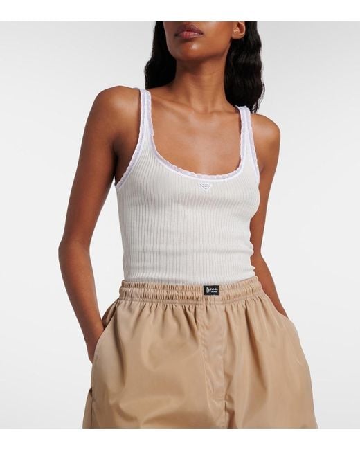 Prada White Lace-Trimmed Ribbed-Knit Cotton Tank Top