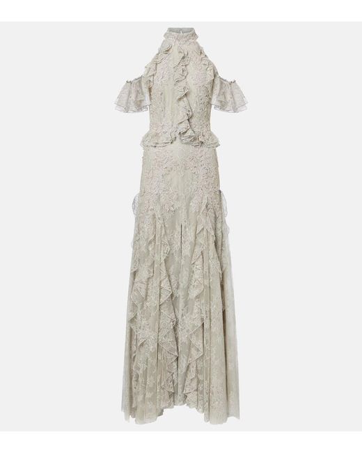 Costarellos White Rhodine Embellished Halterneck Lace Gown