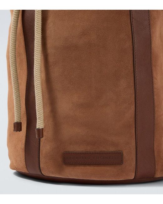 Brunello Cucinelli Brown Leather-Trimmed Suede Backpack for men